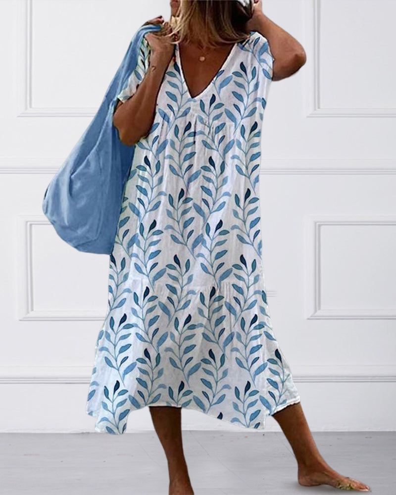 Robe Midi Légère à Motif Feuilles